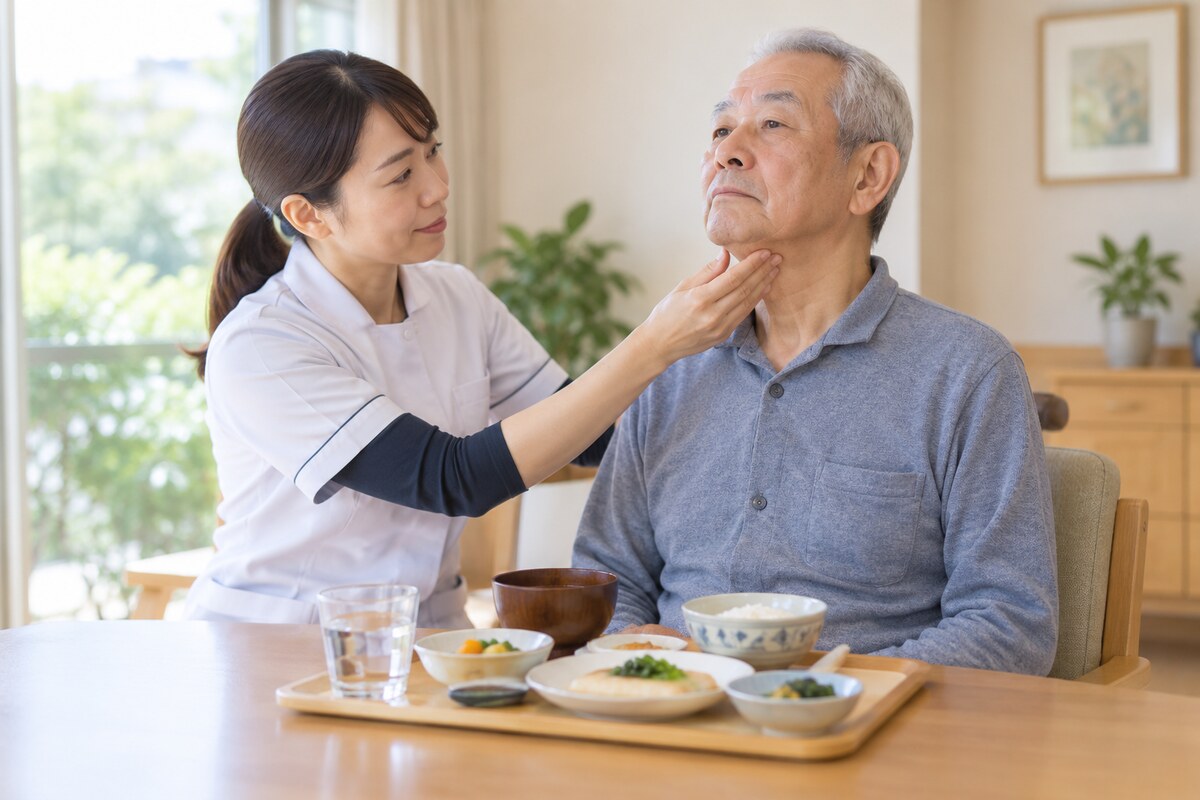 食事前に嚥下状態と姿勢を確認する言語聴覚士