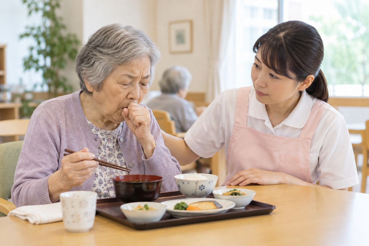 食事中にむせた高齢者を落ち着いて見守る介護職