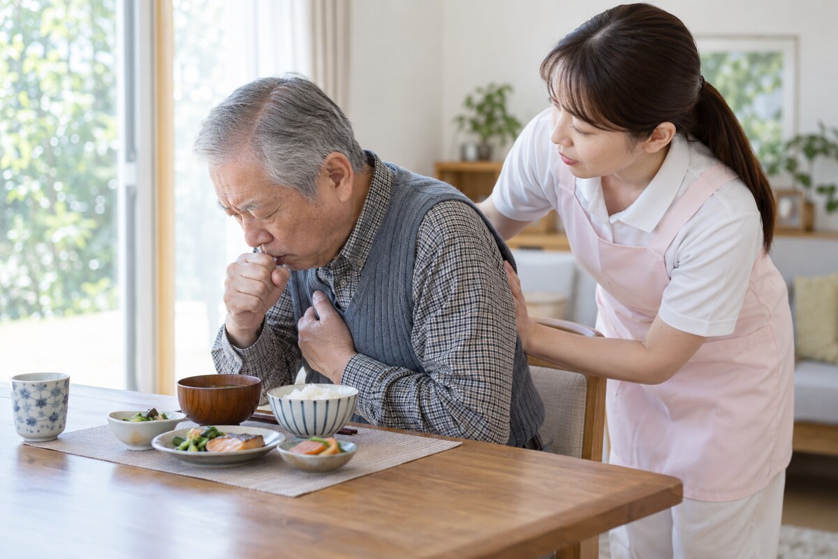 むせた際に前傾姿勢を支援する介護職