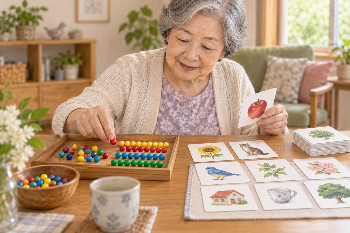 計算と絵カードの脳トレに取り組む高齢者