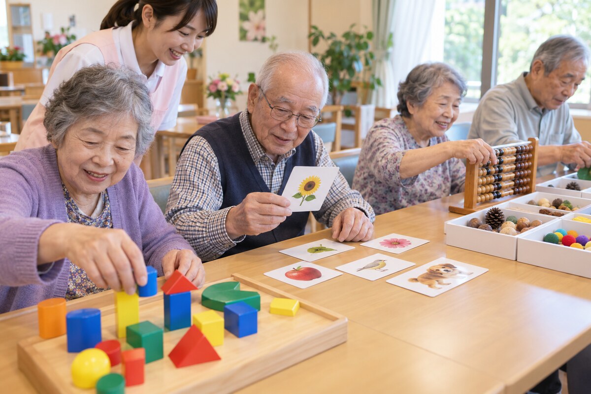 複数の教材で総合脳トレを楽しむ高齢者グループ