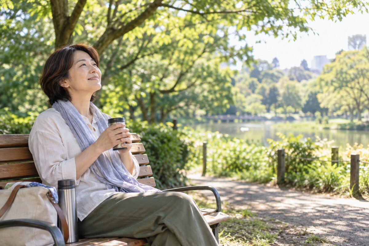 公園で休息を取りセルフケアをする家族介護者