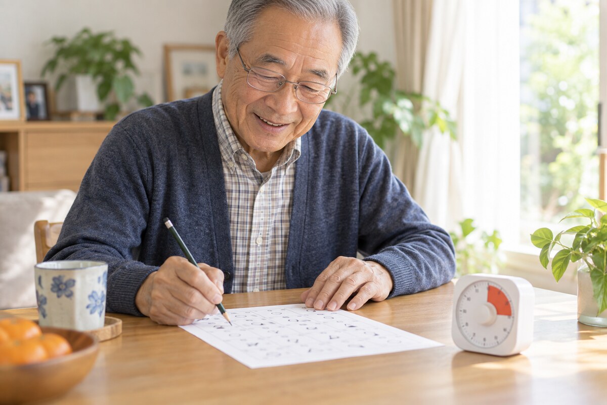 短時間の計算プリントに取り組む高齢者
