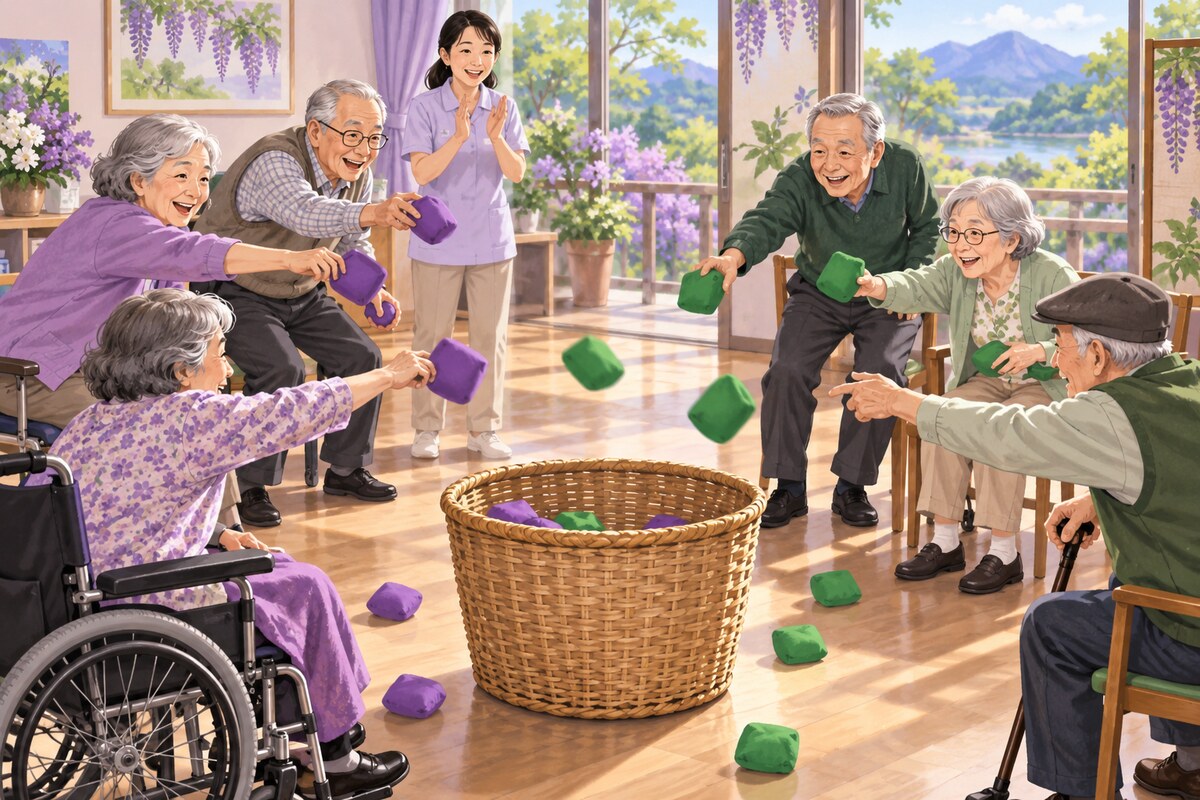 デイサービスでチーム対抗ゲームを楽しむ高齢者
