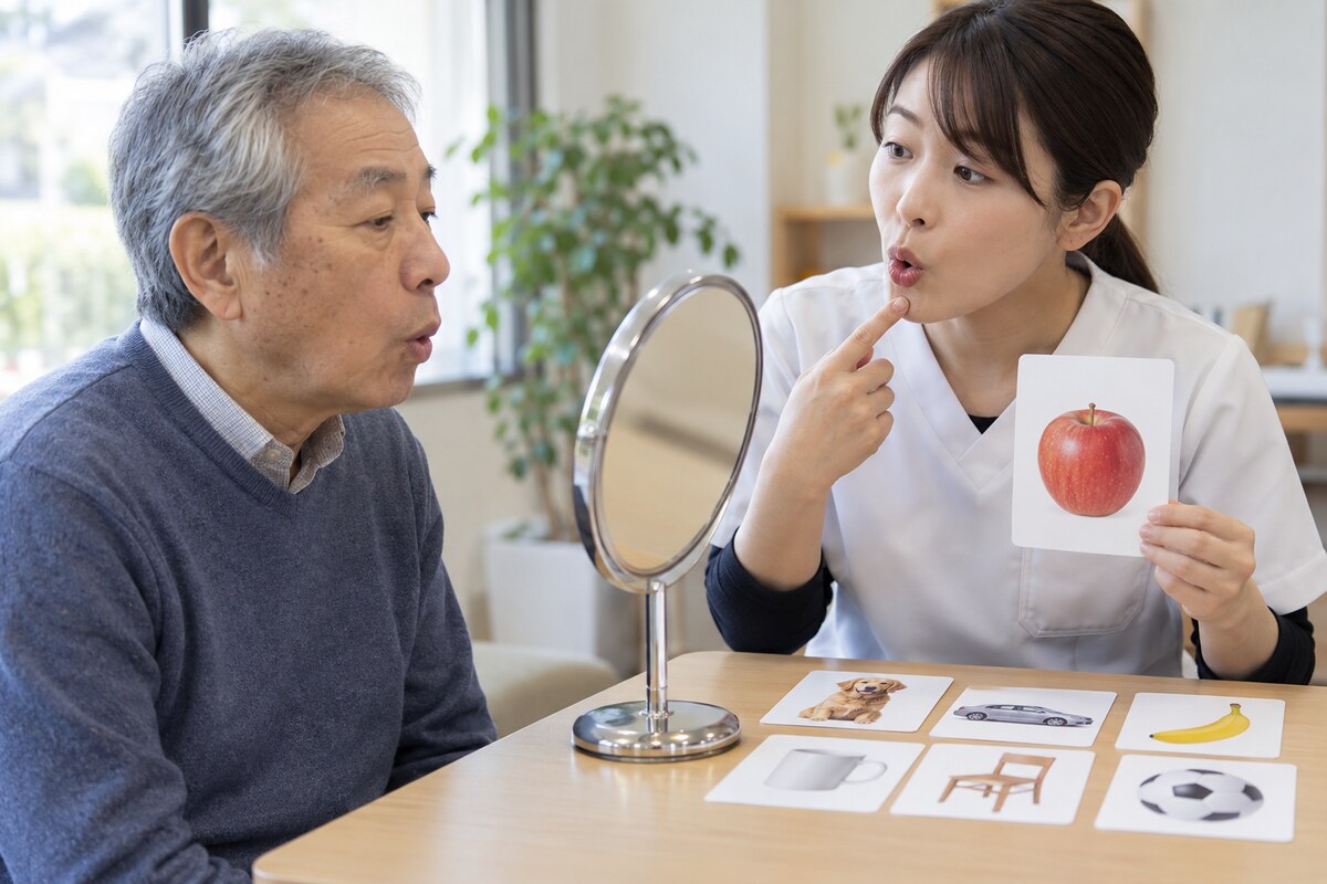 発音練習プリントを使って練習する高齢者