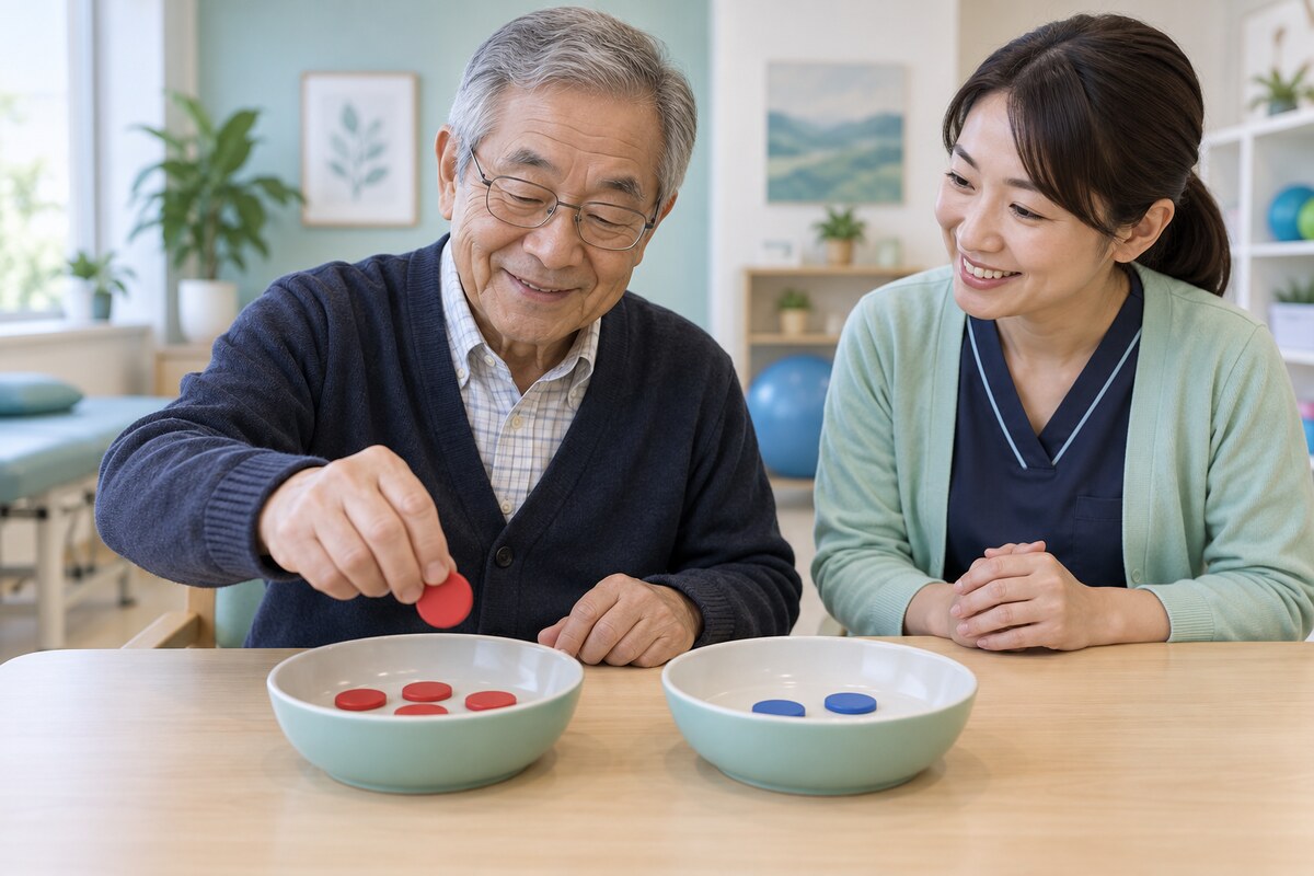 皿のコマを減らして引き算を考える高齢者と支援者
