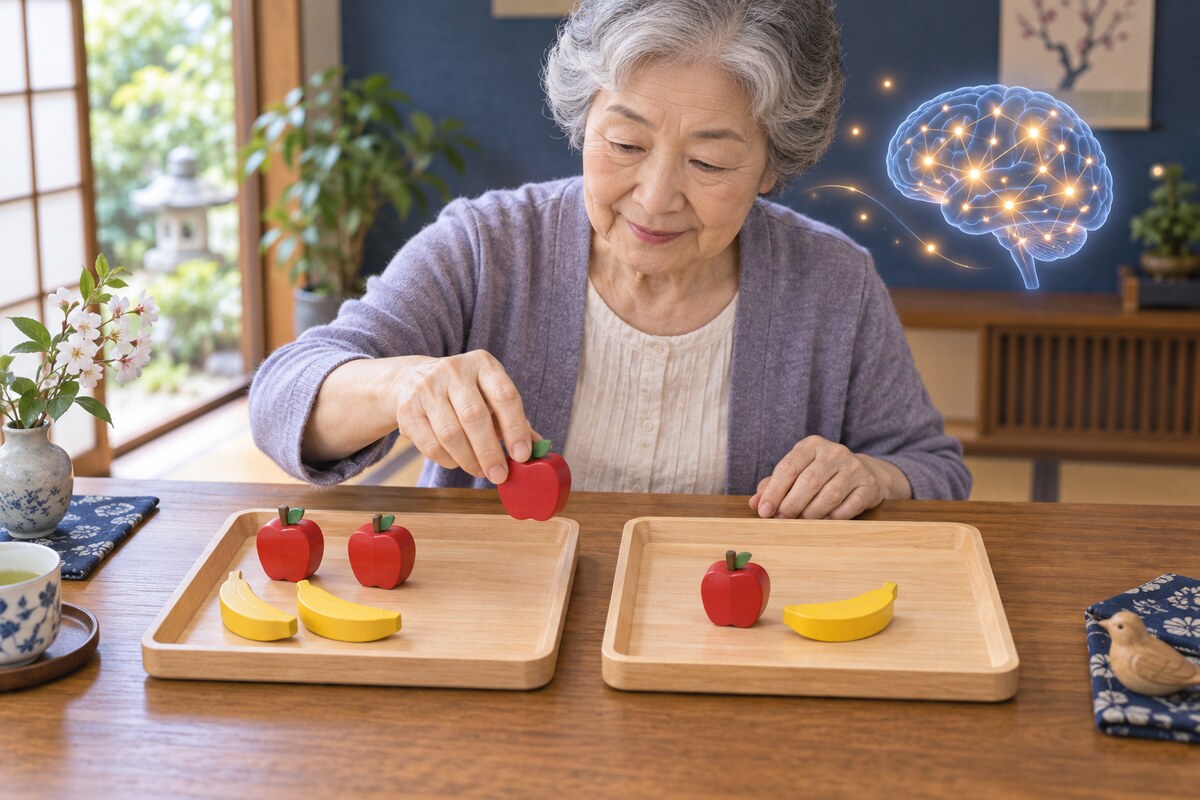 果物の模型を使って引き算の脳トレに取り組む高齢者