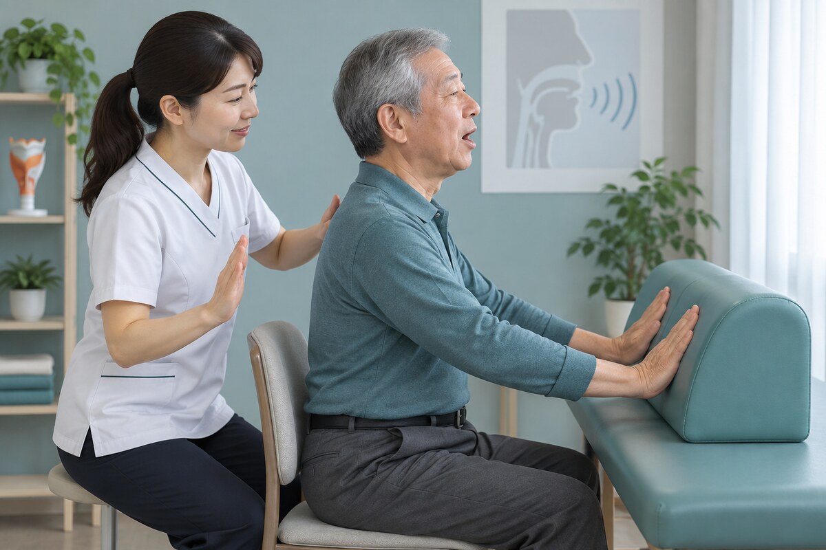 言語聴覚士の支援でプッシング訓練を行う高齢者