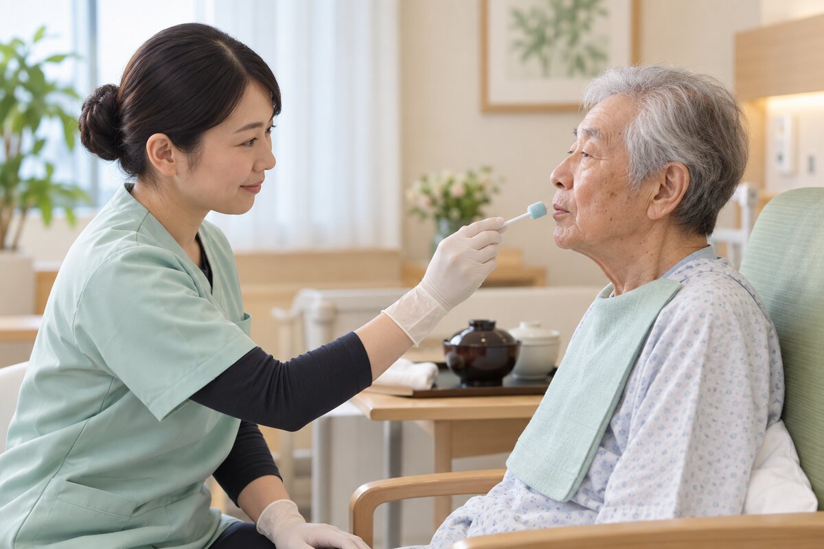 専門職のもとで冷たい刺激を使った嚥下訓練を行う高齢者