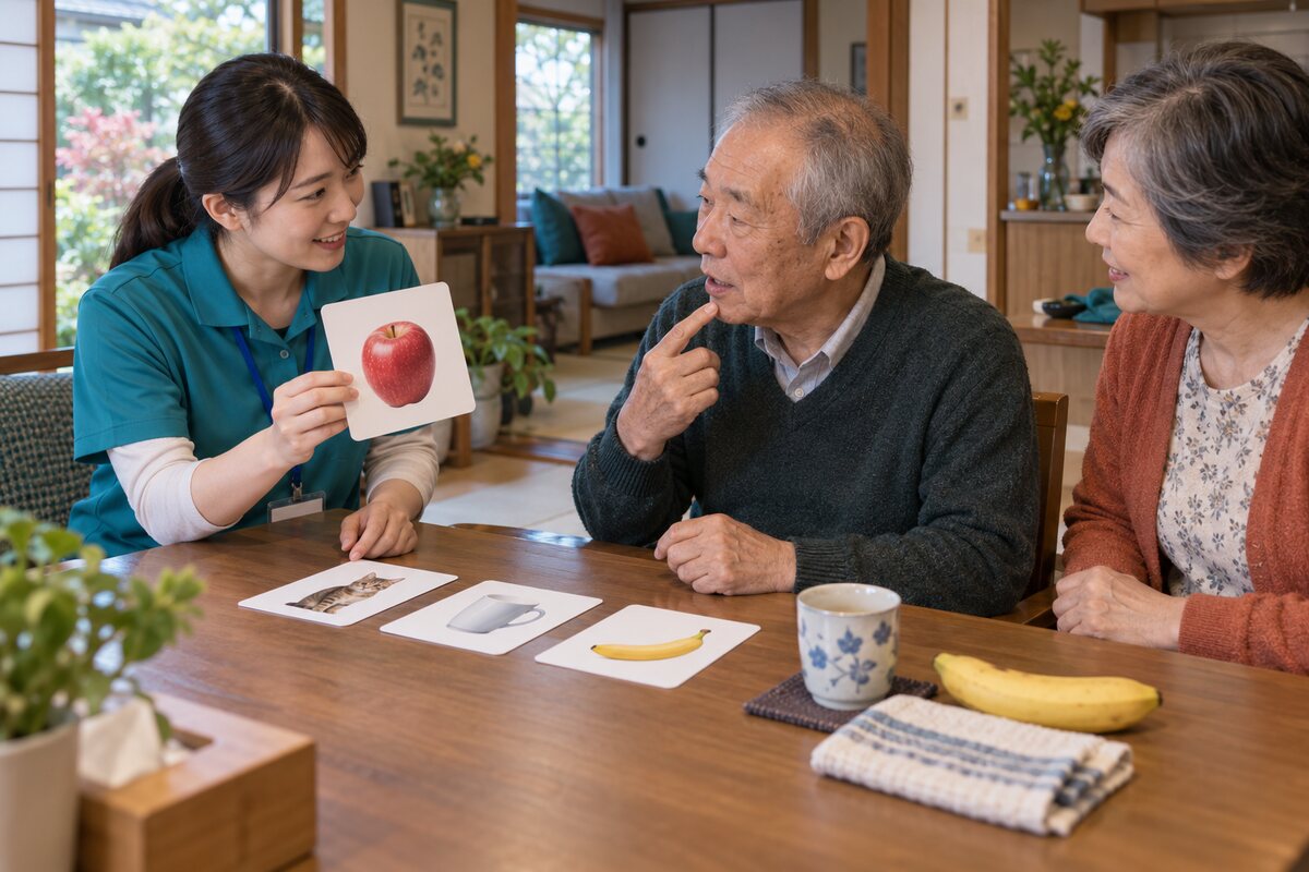 自宅の生活環境で言語訓練を行う高齢者