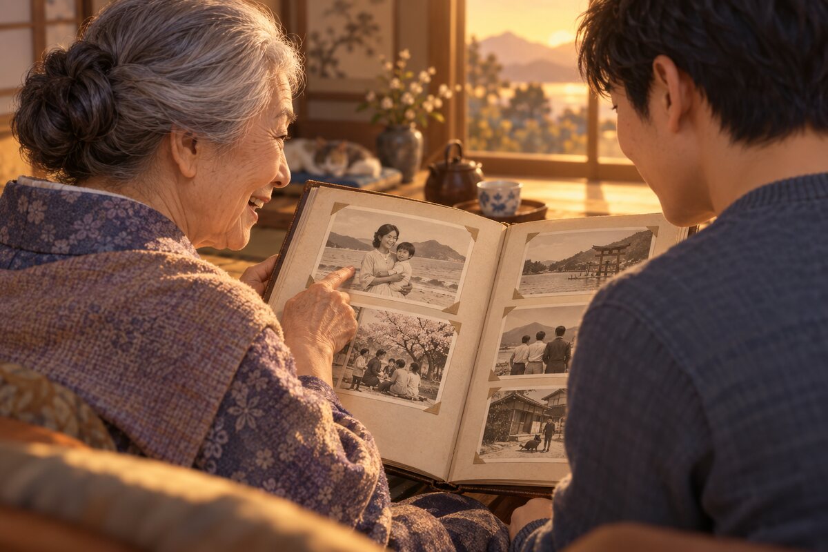 アルバムを見ながら思い出を語る高齢者
