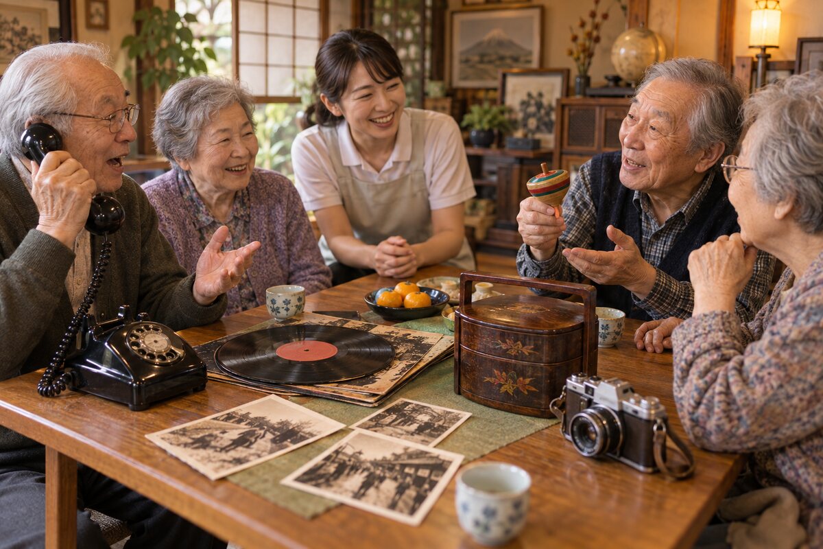 懐かしい道具を囲んで回想法を楽しむ高齢者