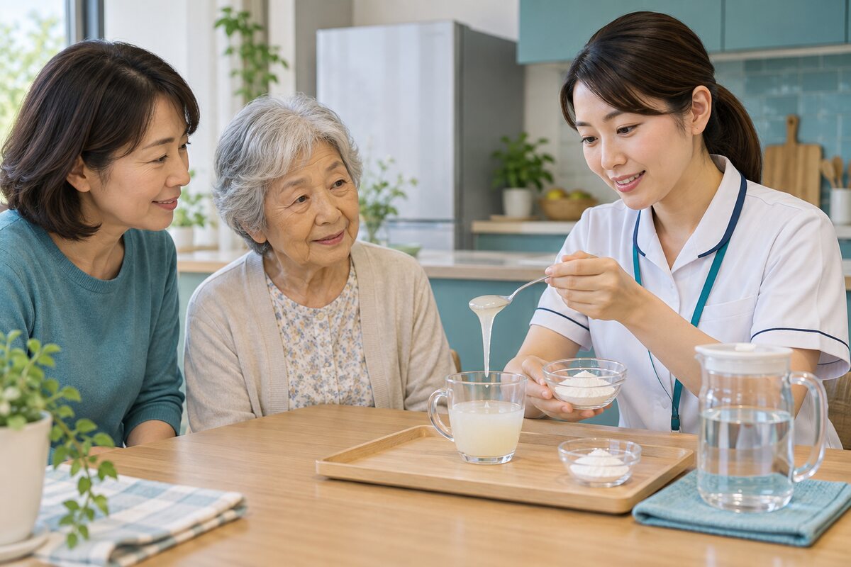 専門職から飲み物のとろみ調整を学ぶ高齢者と家族
