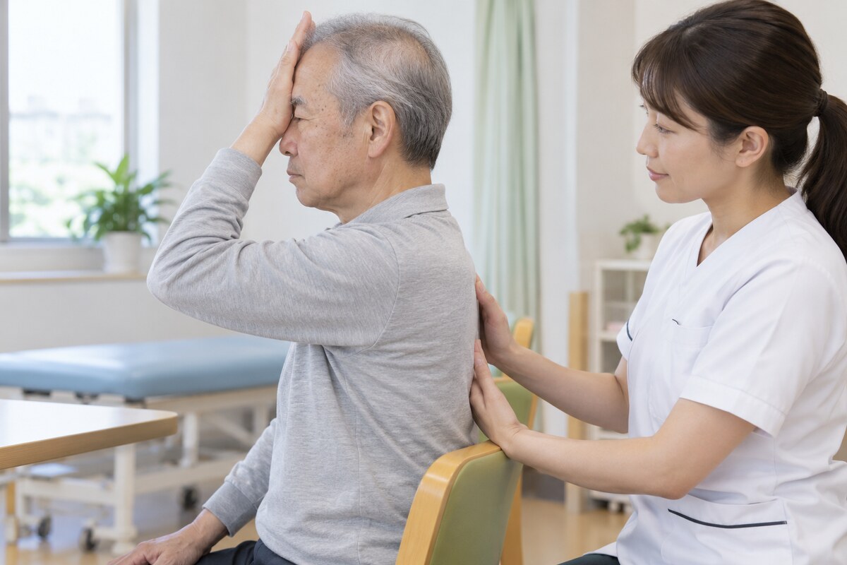 言語聴覚士と嚥下おでこ体操を行う高齢者