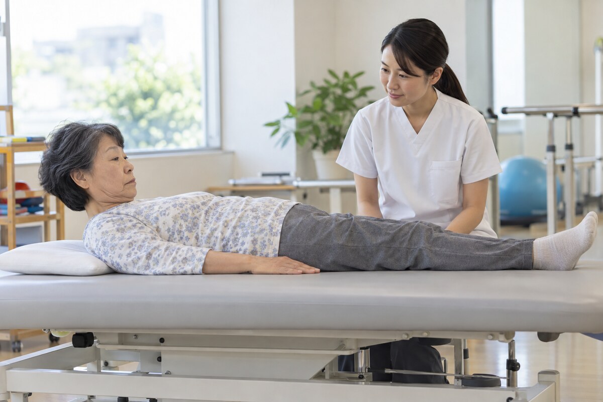 言語聴覚士の見守りでシャキア訓練を行う高齢者