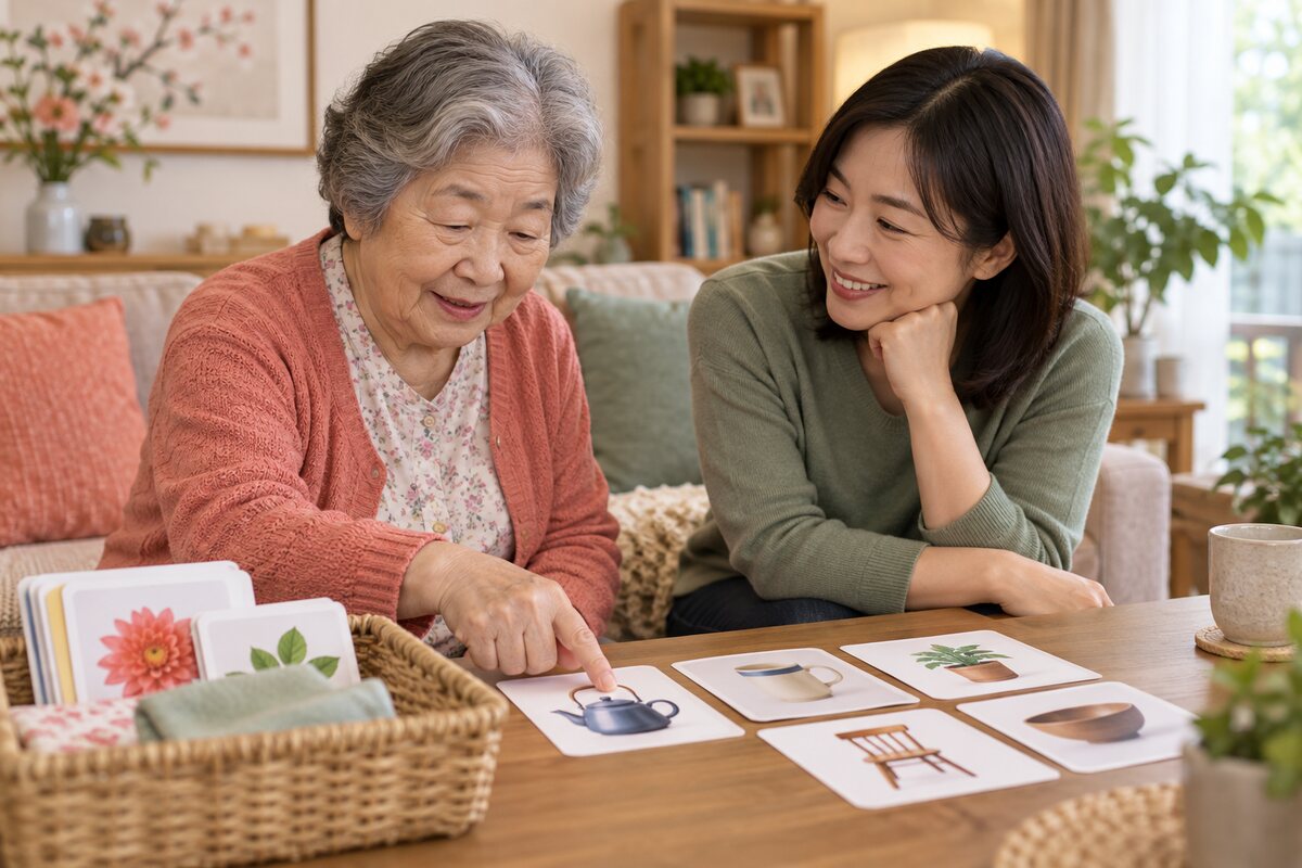 家族に見守られながら言語訓練を行う高齢者