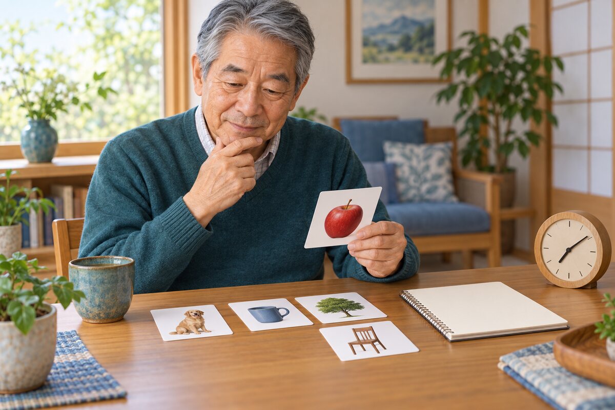 自宅で言語訓練を習慣として続ける高齢者