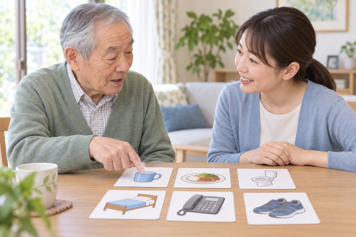 絵カードで気持ちを伝える失語症の高齢者