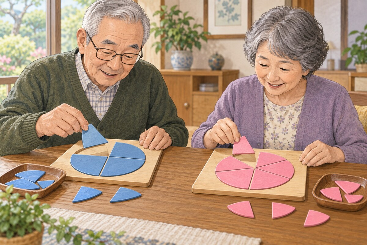 円形パズルを均等に分ける高齢夫婦
