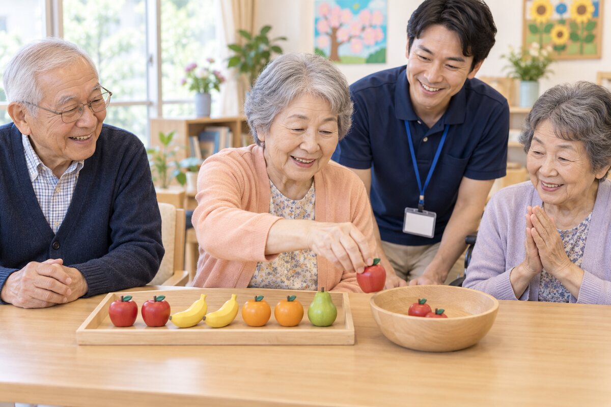 果物模型を動かして引き算を考える高齢者