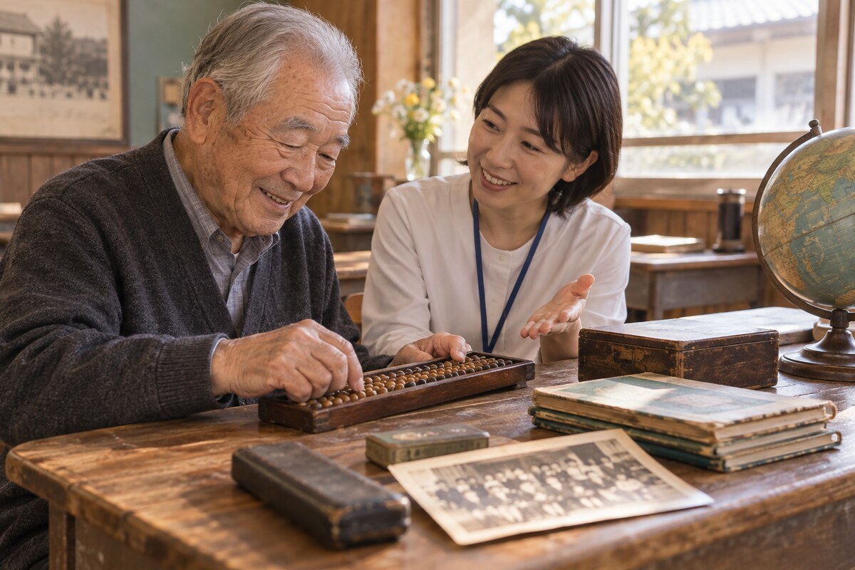 そろばんを使って学校時代の計算を思い出す高齢者