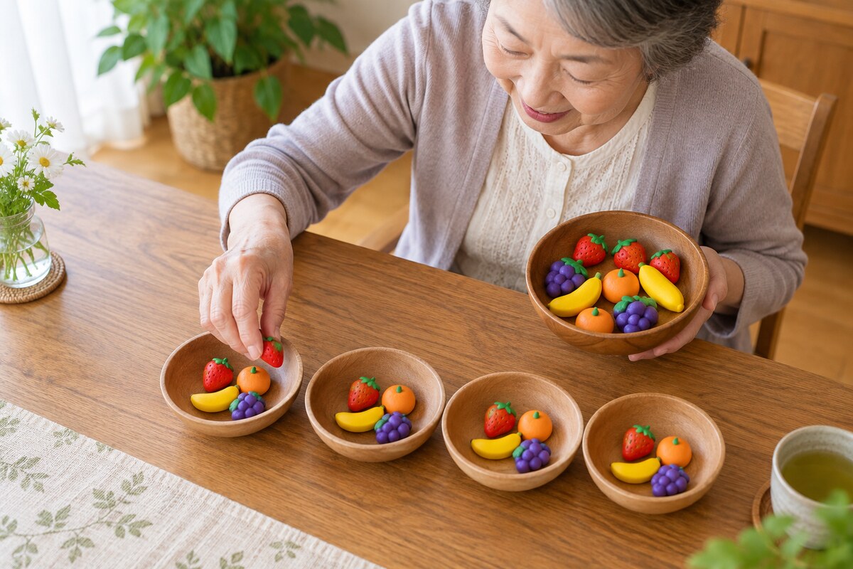 果物のコマを同じ数ずつ分ける高齢者