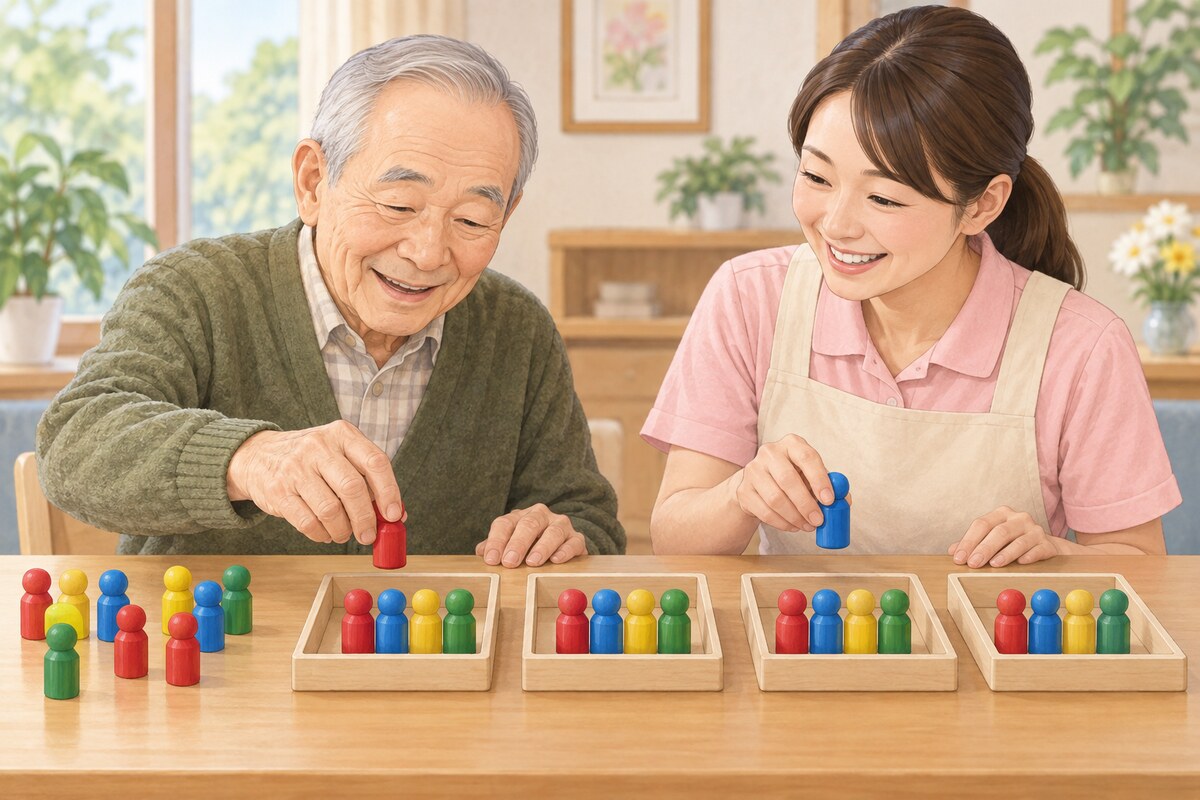 木製のコマを均等に分ける高齢者と介護職