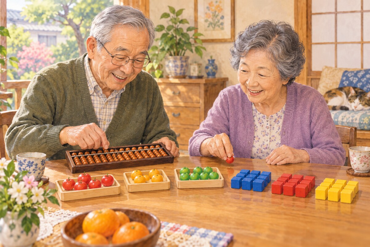 そろばんと果物のコマでたし算を楽しむ高齢夫婦