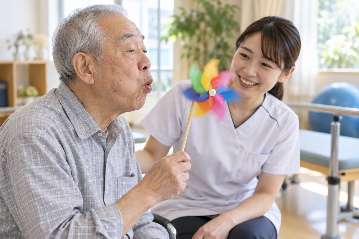 言語聴覚士と吹く練習をする高齢者