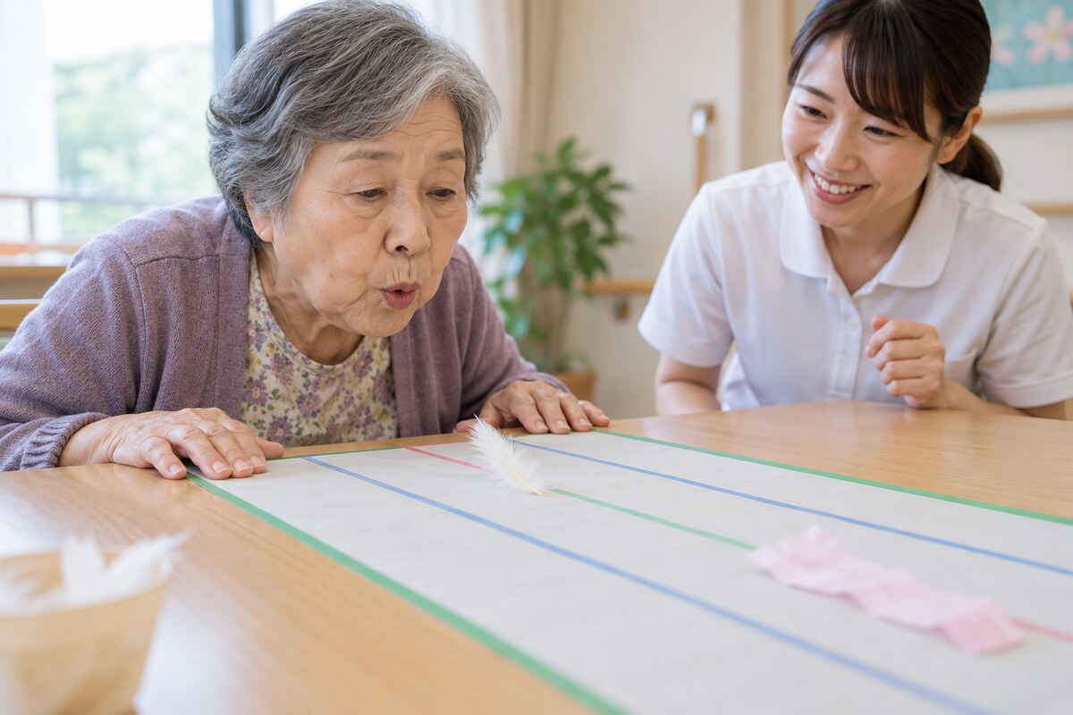 羽根を息で動かすブローイング訓練に取り組む高齢者