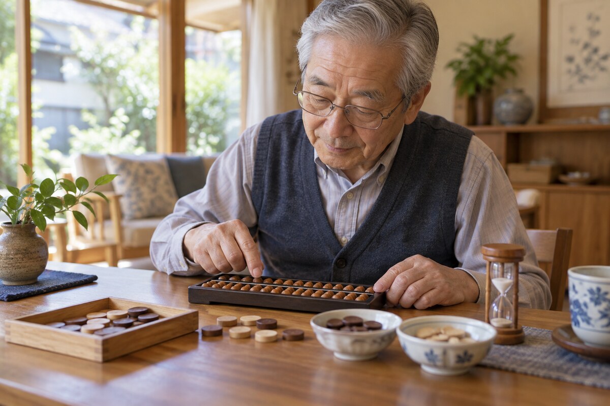 そろばんとコマで毎日の計算脳トレに取り組む高齢者